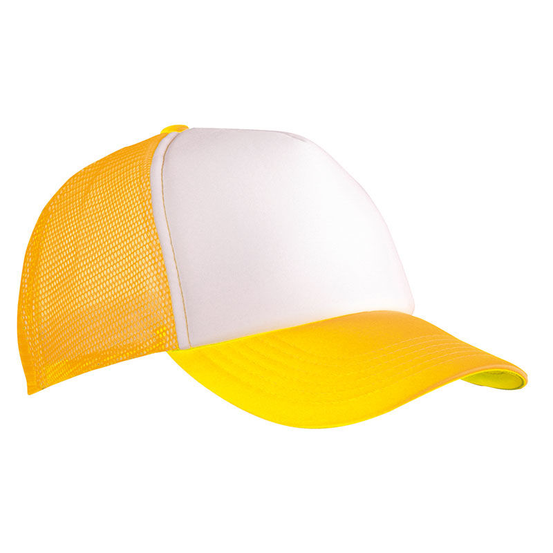 Casquette publicitaire 5 panneaux avec filet | Zoonnoo Blanc Jaune Fluo