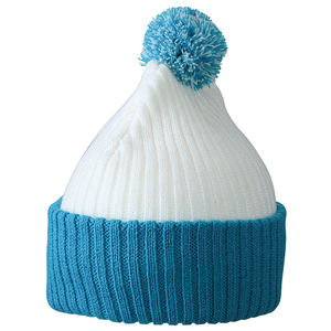 Bonnet publicitaire tricot avec revers et pompom Blanc Aqua