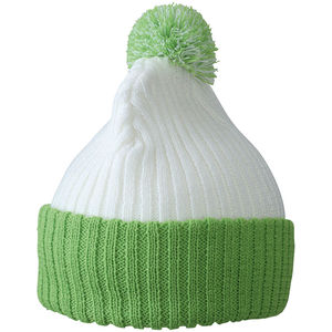 Bonnet publicitaire tricot avec revers et pompom Blanc Vert citron