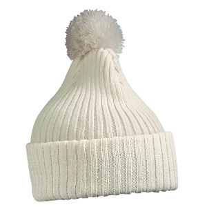 Bonnet publicitaire tricot avec revers et pompom Blanc cassé