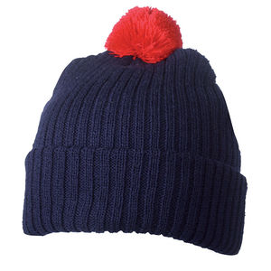 Bonnet publicitaire tricot avec revers et pompom Marine Rouge