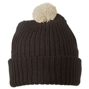 Bonnet publicitaire tricot avec revers et pompom Marron foncé Beige