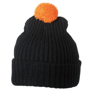 Bonnet publicitaire tricot avec revers et pompom Noir Orange