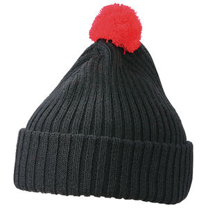 Bonnet publicitaire tricot avec revers et pompom Noir Rouge