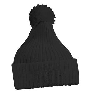 Bonnet publicitaire tricot avec revers et pompom Noir