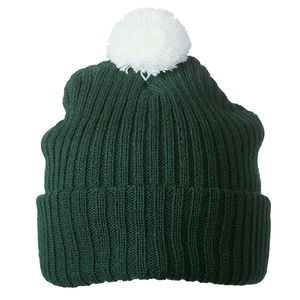 Bonnet publicitaire tricot avec revers et pompom Vert foncé Blanc